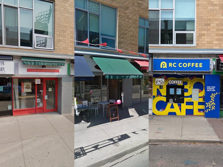 Three images of the same storefront at 160 Baldwin Street. The first two are traditional cafes; the third is an 'RC Coffee' branded automat.