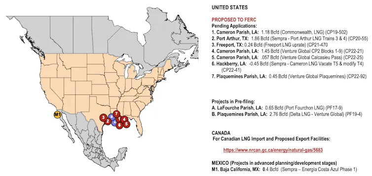 Map showing nine proposed new LNG plants in coastal Texas and Louisiana.