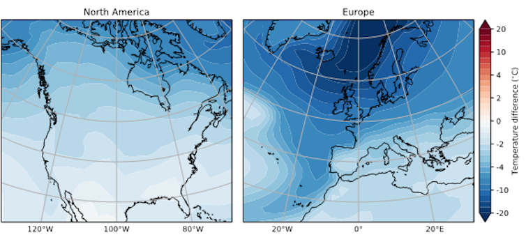Two maps show US and Europe both cooling by several degrees if the AMOC stops.