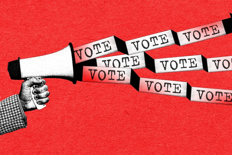 An illustration of a hand holding a megaphone with the words 'vote, vote, vote' flowing out of it.