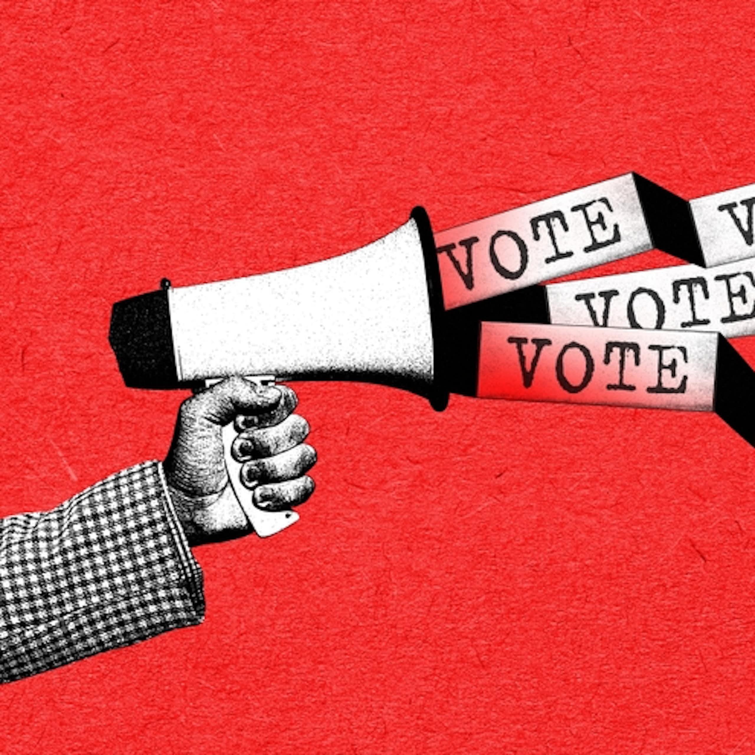 An illustration of a hand holding a megaphone with the words 'vote, vote, vote' flowing out of it.