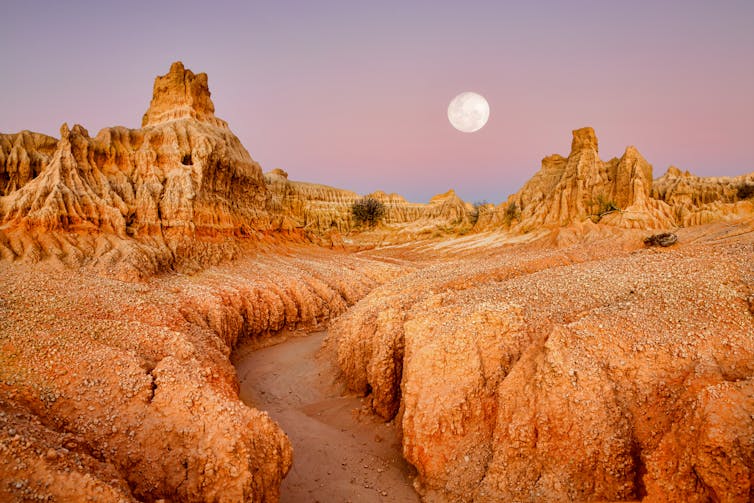 Outback landscape with delicate structures at Red Top lookout, Willandra Lakes, along the large lunette formed by wind and water erosion along a dried up lake