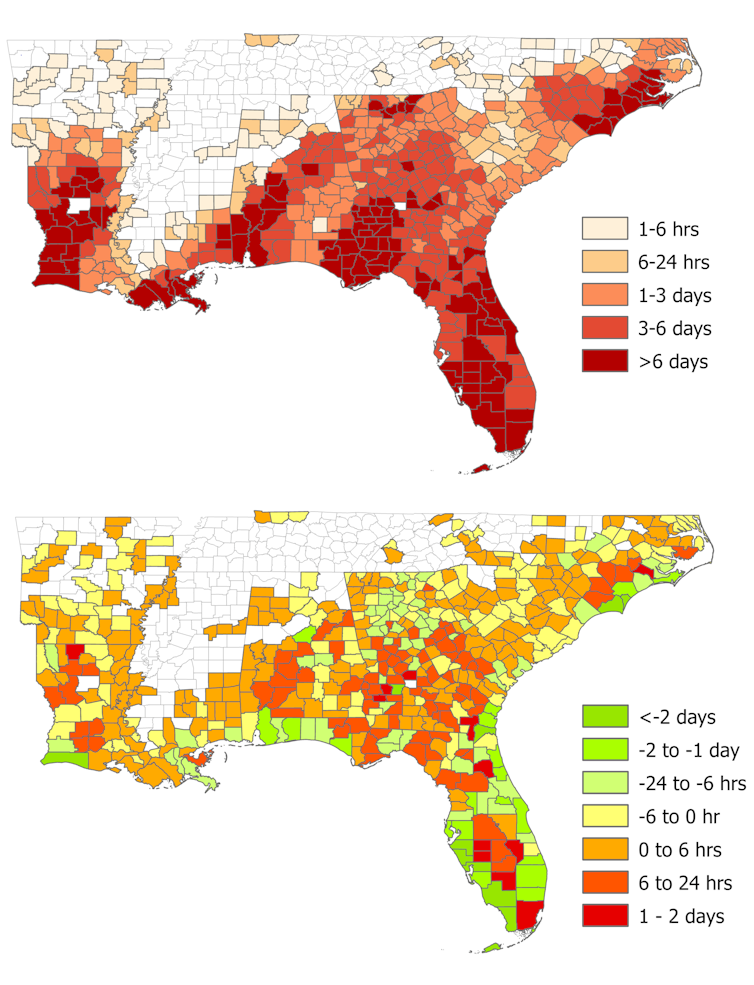 Two maps of the southeastern U.S. show a correlation between outages and social vulnerability.