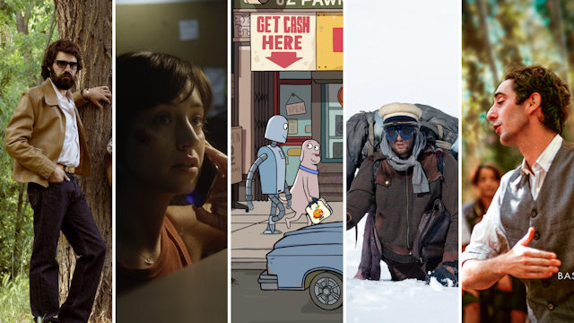 Fotogramas de las cinco películas nominadas al Goya a Mejor Música Original. De izquierda a derecha, 'Sabel aquell', 'La paradoja de Antares', 'Robot Dreams', 'La sociedad de la nieve' y 'El maestro que prometió el mar'. 