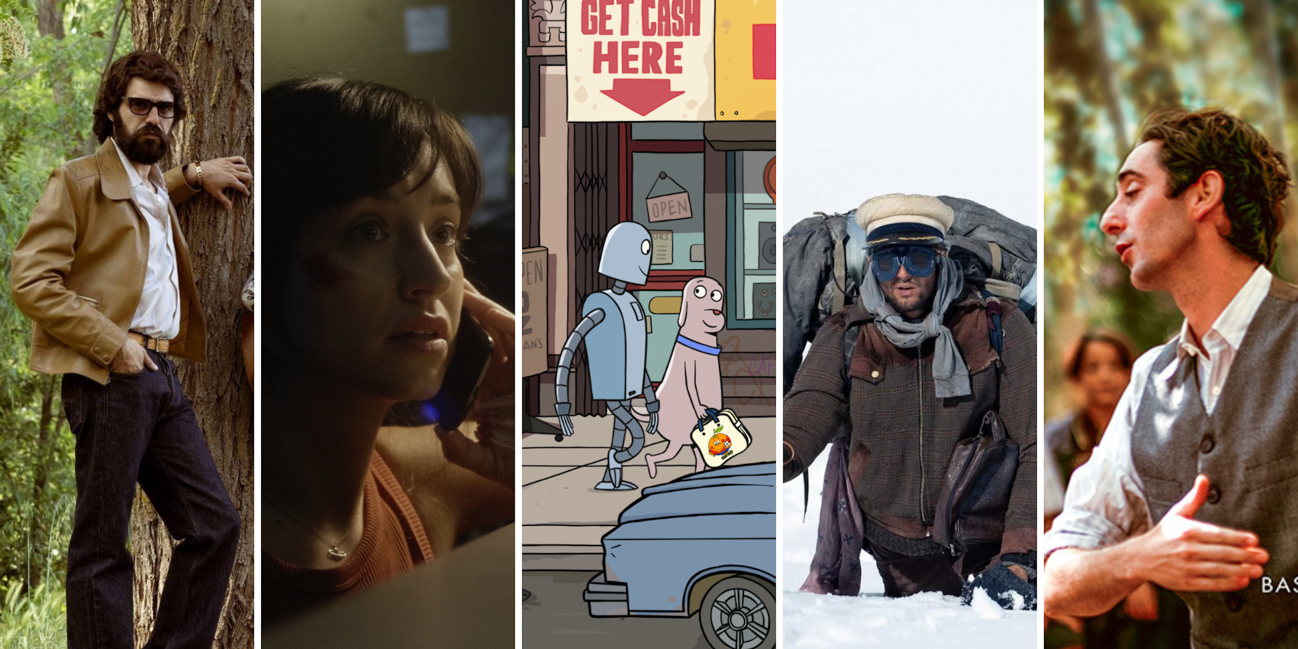 Fotogramas de las cinco películas nominadas al Goya a Mejor Música Original. De izquierda a derecha, 'Sabel aquell', 'La paradoja de Antares', 'Robot Dreams', 'La sociedad de la nieve' y 'El maestro que prometió el mar'. 