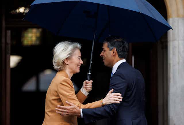 Ursula von der Leyen and Rishi Sunak greet each other with smiles under a large blue umbrella