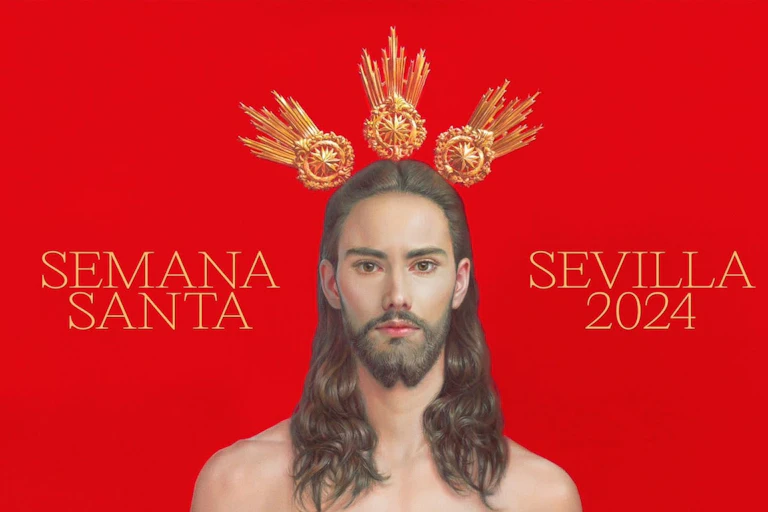 Dibujo de Jesucristo con la mano en el pecho y un fondo rojo