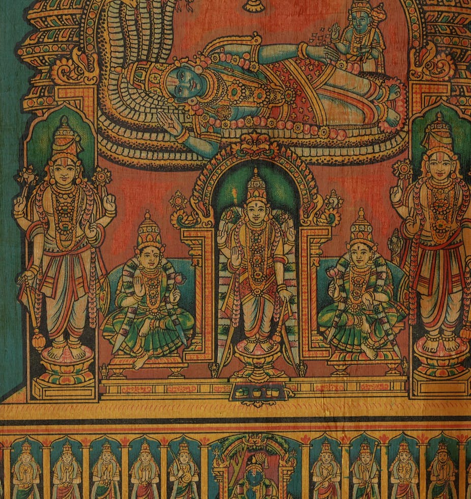 A colorful print showing the Hindu god Vishnu reclining on a serpent which has seven heads with several other gods around him.