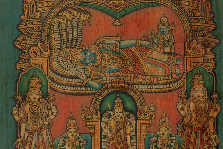 A colorful print showing the Hindu god Vishnu reclining on a serpent which has seven heads with several other gods around him.