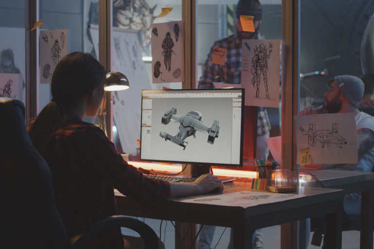 A woman in an office works on a computer. Drawings are on the walls. Two men are talking in the background