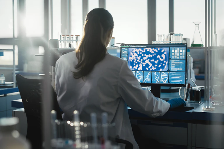 cientista trabalha em um computador em um laboratório