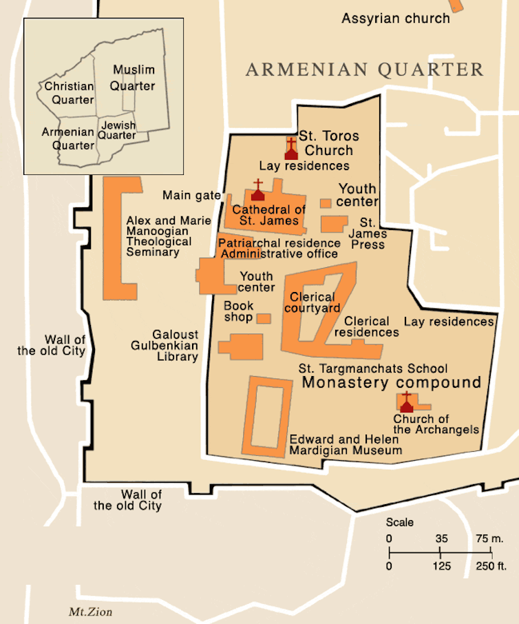 Map of Jerusalem showing the various traditional ethnic quarters.
