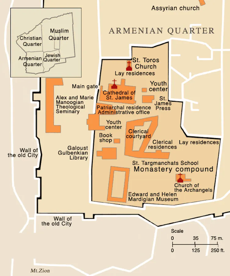 Map of Jerusalem showing the various traditional ethnic quarters.