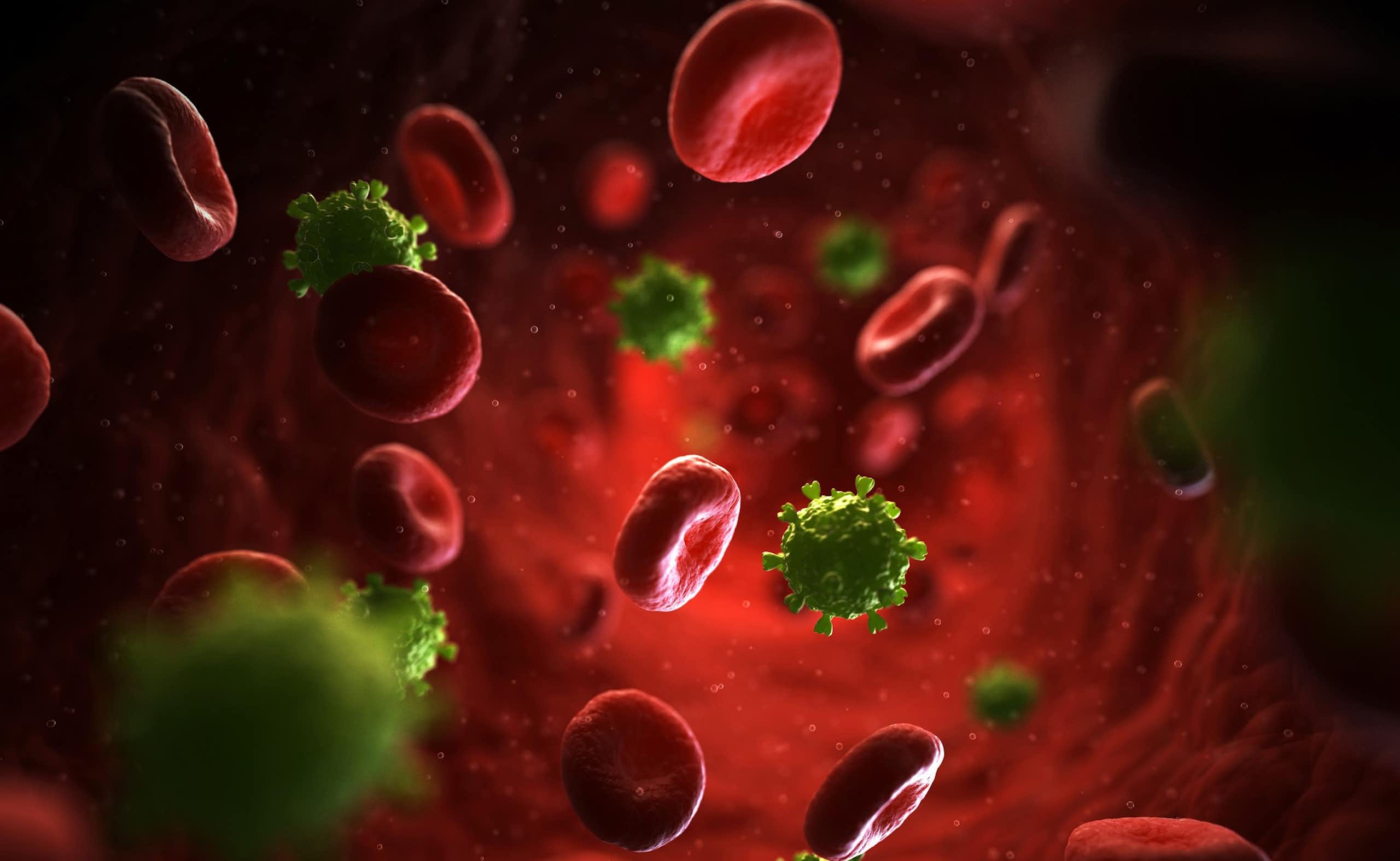 Computer artwork of HIV particles in the bloodstream