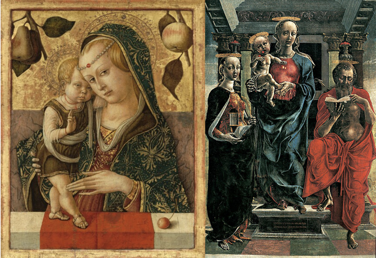 Two paintings of Madonna and baby Jesus, in which Madonna has a receding hairline