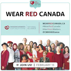 A group of women wearing red and with the title Wear Red Canada wearredcanada.ca
