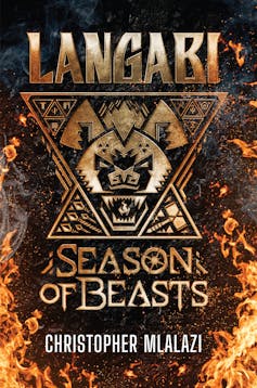 A book cover in black and gold with flames showing an illustration featuring a hyena's face.