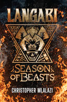 A book cover in black and gold with flames showing an illustration featuring a hyena's face.