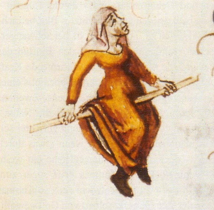 Illustration of witch in a red dress flying on a staff, from the 'Champion des dames'