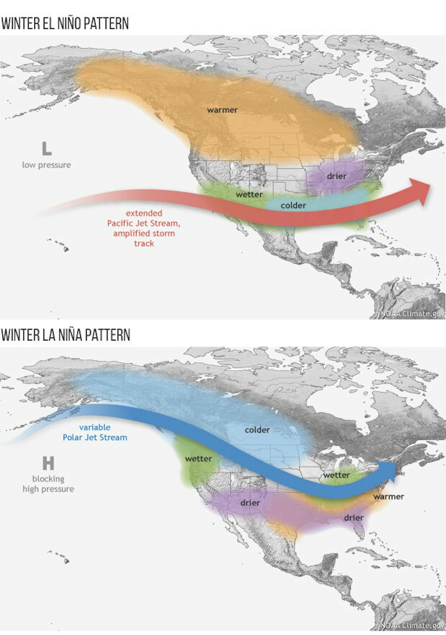 Two maps of typical winter conditions under El Nino and La Nina show the Southwest wetter and the Northwest and upper Midwest generally warmer under El Nino.