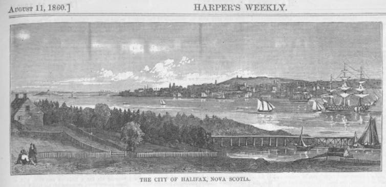 Drawing showing a waterfront with boats and what appears to be log-constructed cabins.