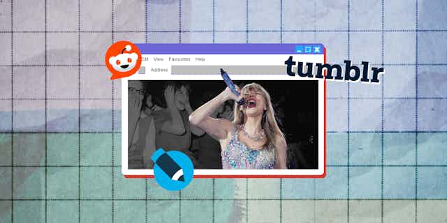 Image of Taylor Swift inside a retro web browser with the logos of Reddit, Tumblr and LiveJournal