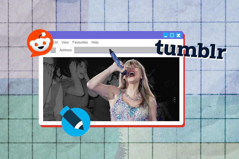 Image of Taylor Swift inside a retro web browser with the logos of Reddit, Tumblr and LiveJournal