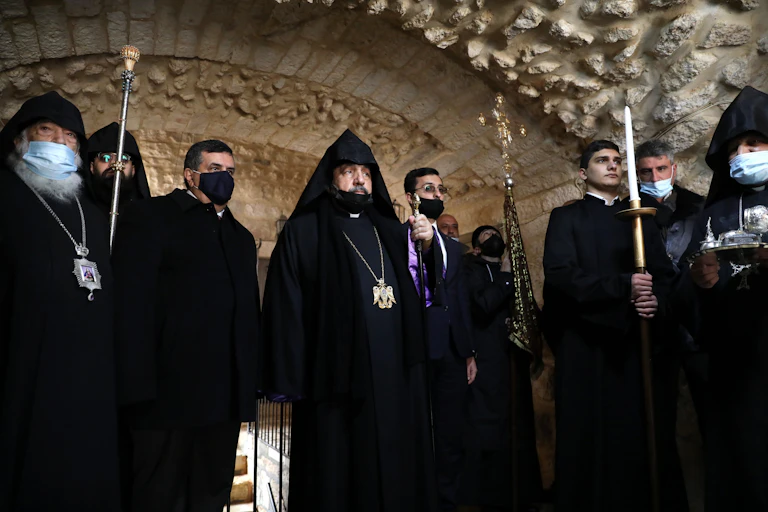 Orthodox clergy with the Armenian patriarch of Jerusalem at the Church of the Nativity, Bethlehem, January 2021.