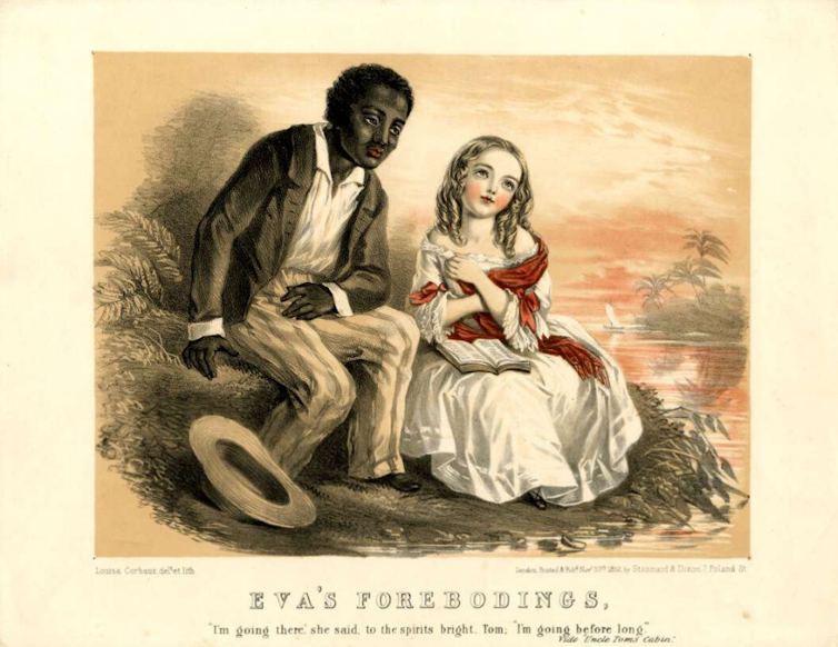 an old fashioned illustration of a black man seated next to a seated young white woman
