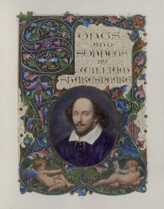 Title page of a collection of Shakespeare's sonnets featuring a colorful illustration of Shakespeare, flowers and two cherubs.