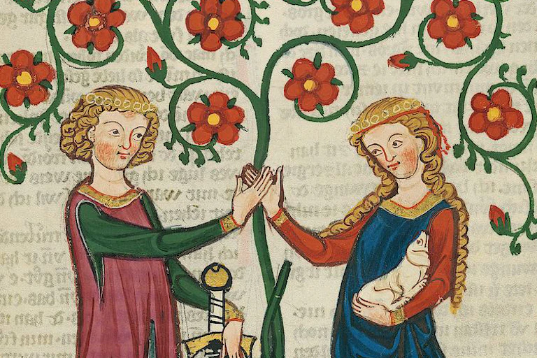 Colorful illustration of blonde man holding a sword and blonde woman holding a puppy.