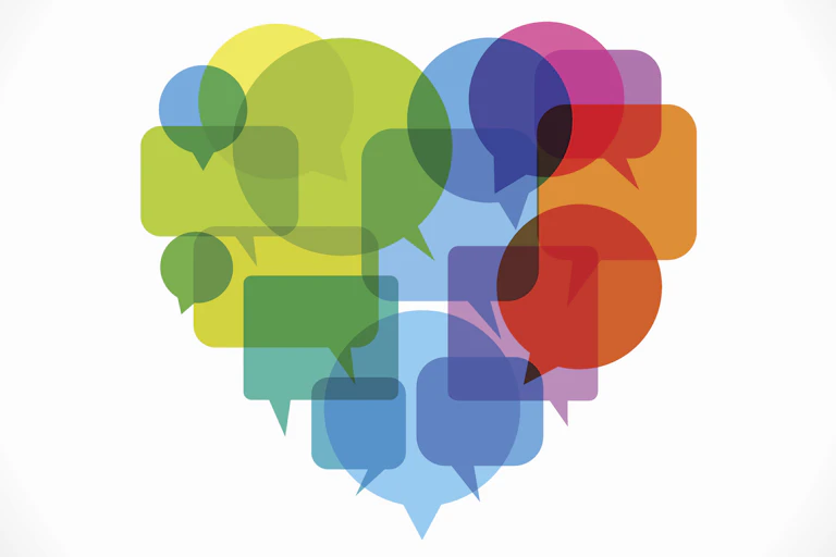 Illustration of heart composed of multicolored, overlapping speech bubbles