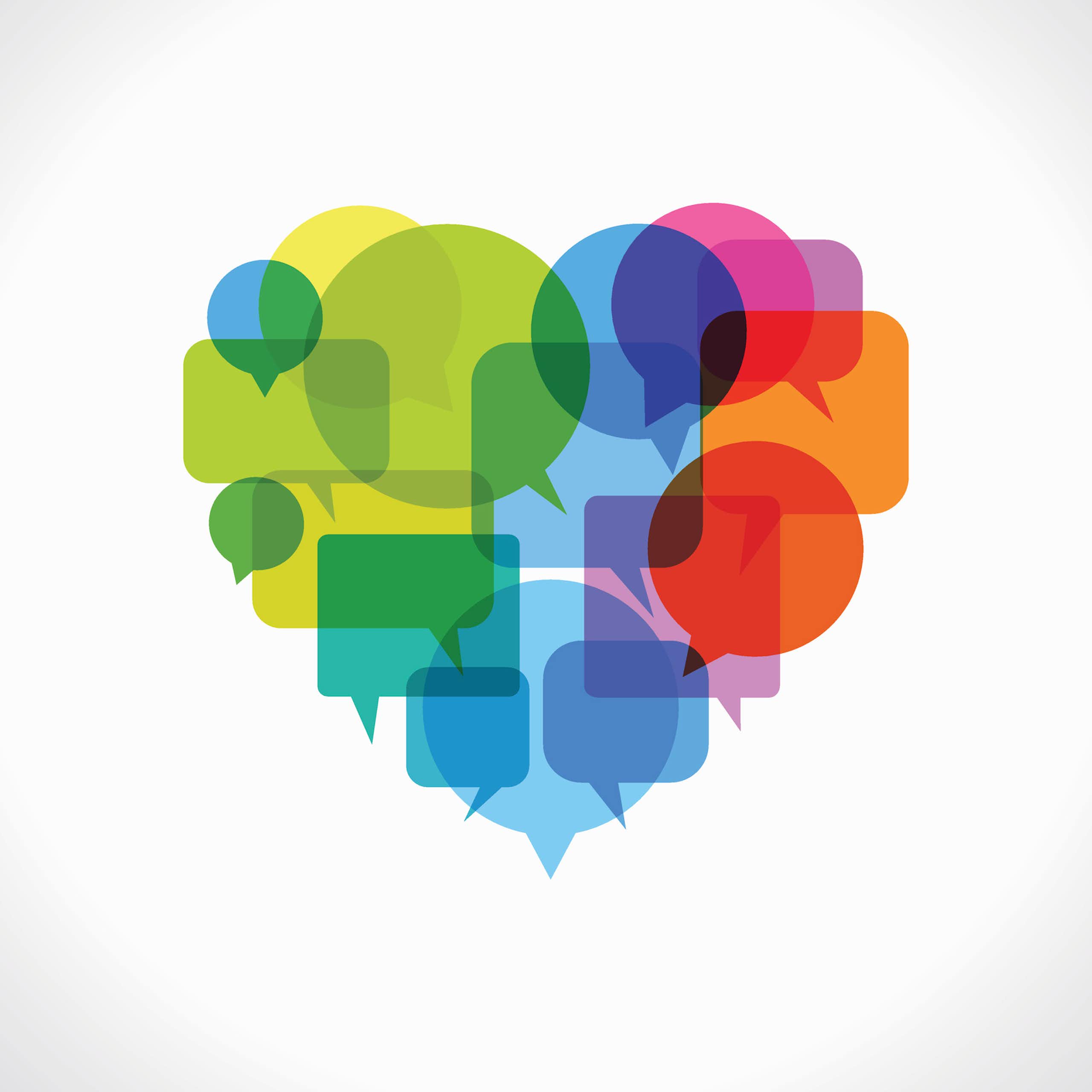 Illustration of heart composed of multicolored, overlapping speech bubbles