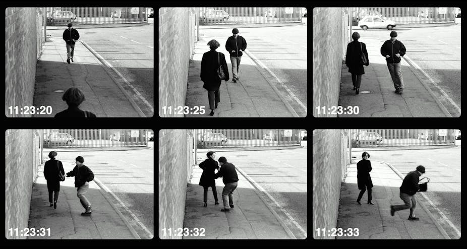 CCTV stills of a man snatching a woman's purse