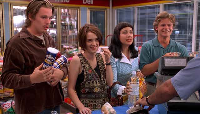 Production image, four friends in a convenience store