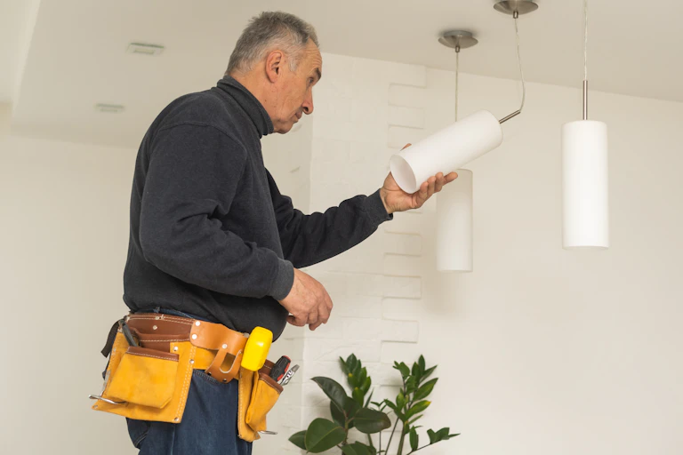 An older man changing a lightbulb in a tool belt.