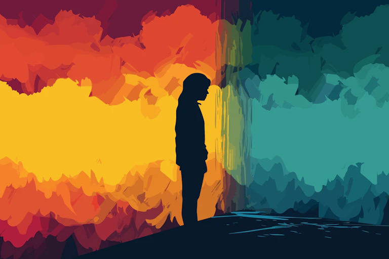 Une silhouette entre un paysage sombre et un paysage éclairé