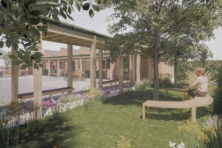An artist drawing of a garden.