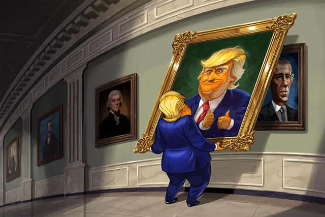 A cartoon of Donald Trump lifting a painting of himself.