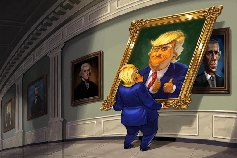 A cartoon of Donald Trump lifting a painting of himself.