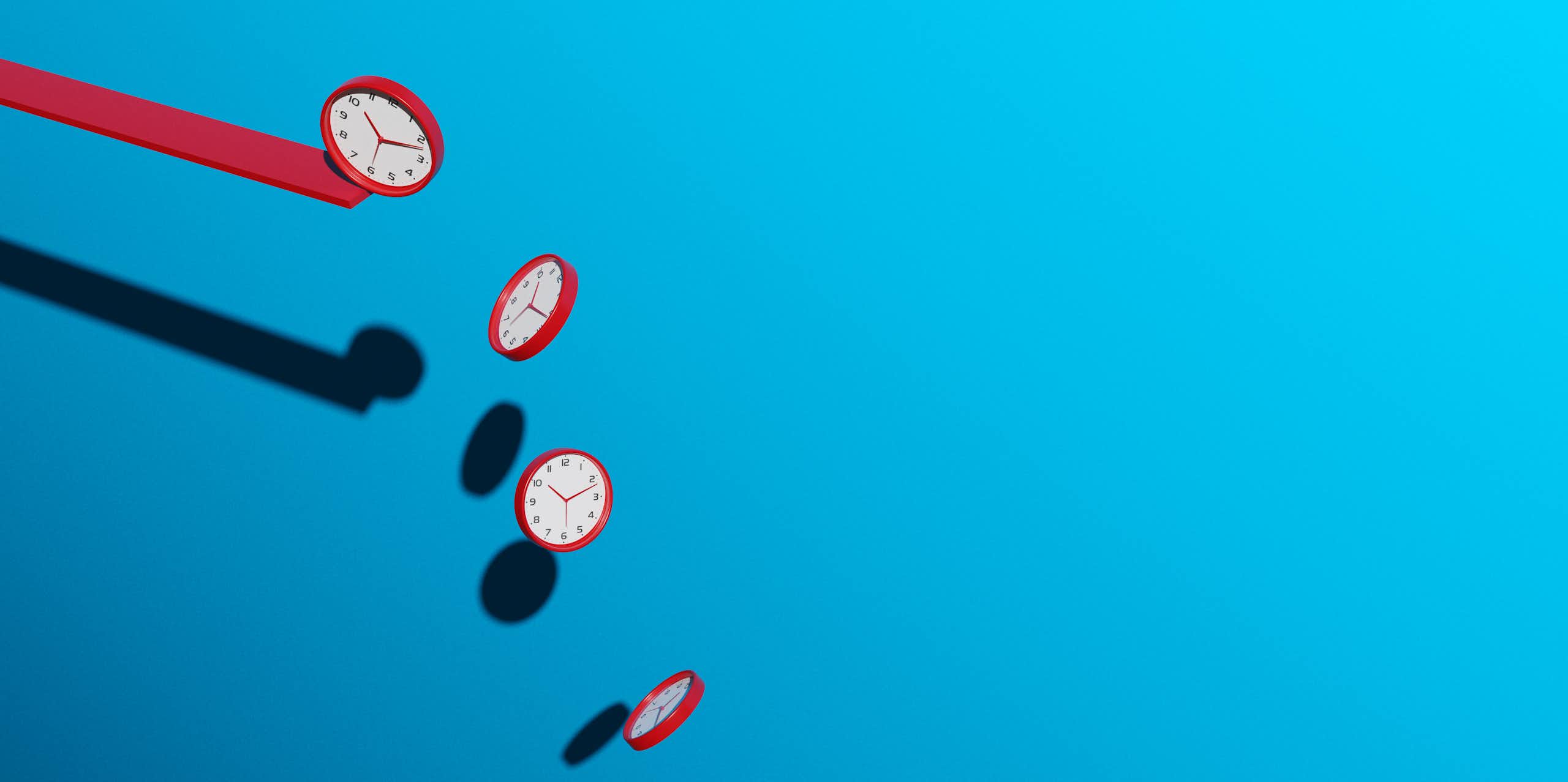 Five clocks falling from a red plank against a blue background.