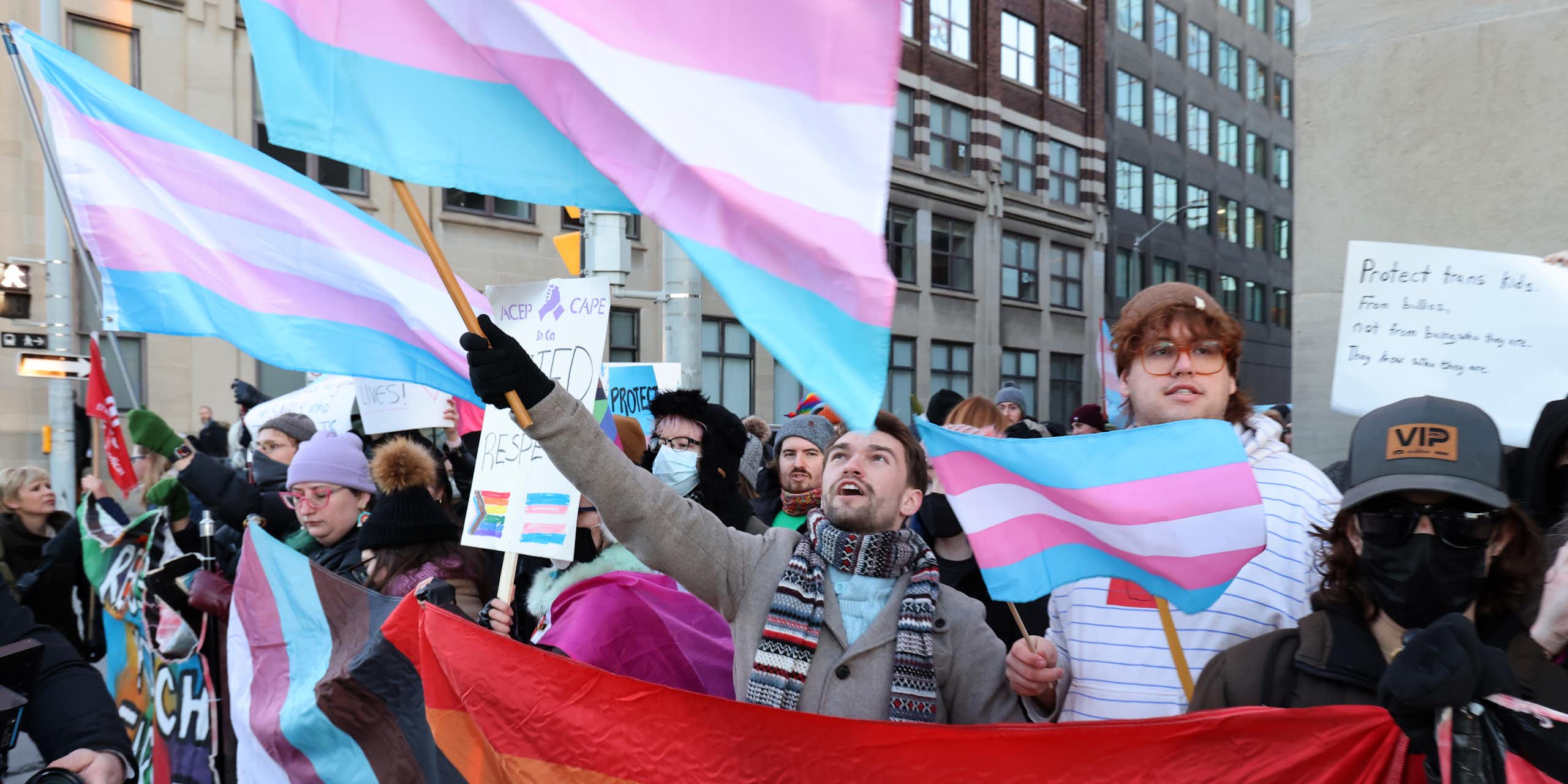 People waving blue, pink and white transgender flags 