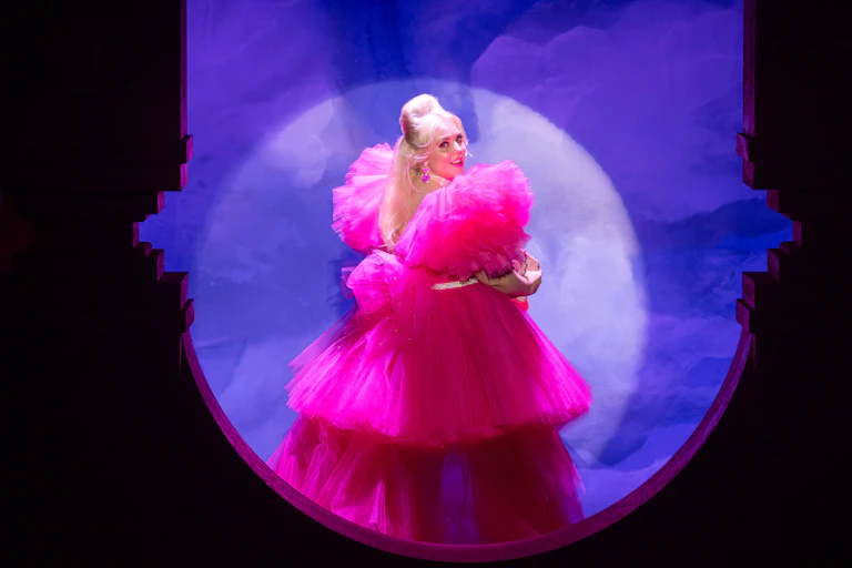 A woman in a ridiculous pink dress