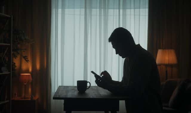Man looking at phone in darkened room, silhouetted against a window