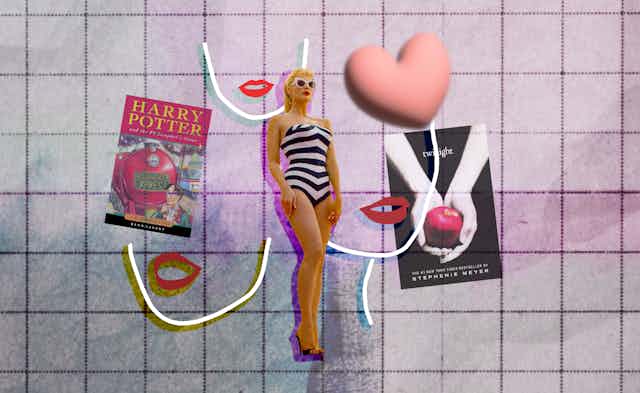 A collage of Margot Robbie as Barbie, drawings of red lips, Harry Potter book cover, Twilight book cover and a pink love heart