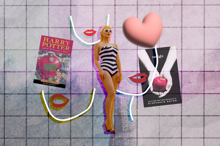 A collage of Margot Robbie as Barbie, drawings of red lips, Harry Potter book cover, Twilight book cover and a pink love heart