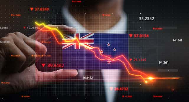 nz flag against digital background showing declining graph and figures