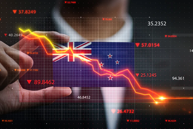 nz flag against digital background showing declining graph and figures