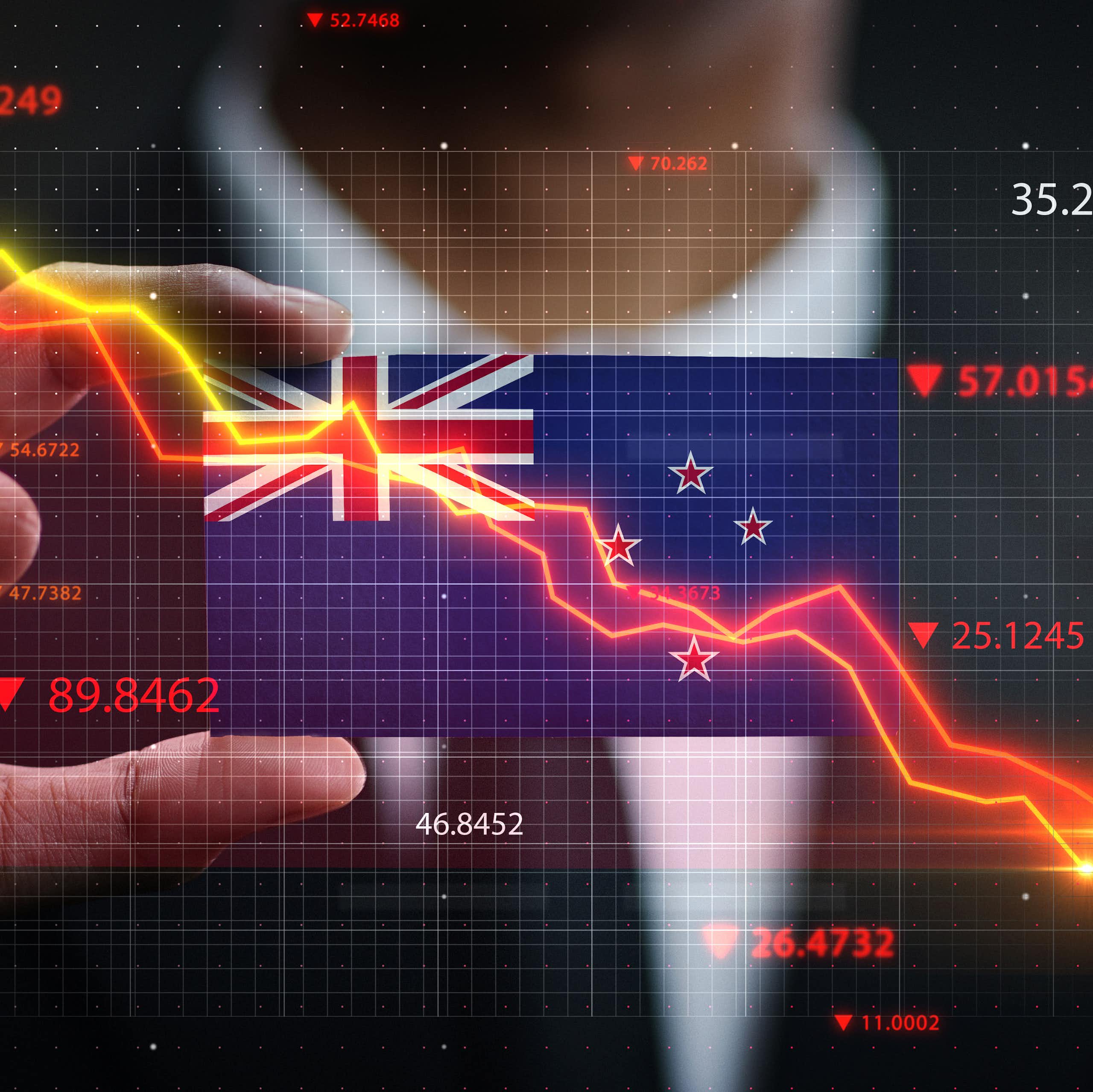 nz flag against digital background showing declining graph and figures