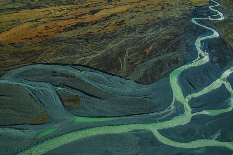 Aerial view, Tasman Glacial river, Mount Cook National Park, South Island of New Zealand